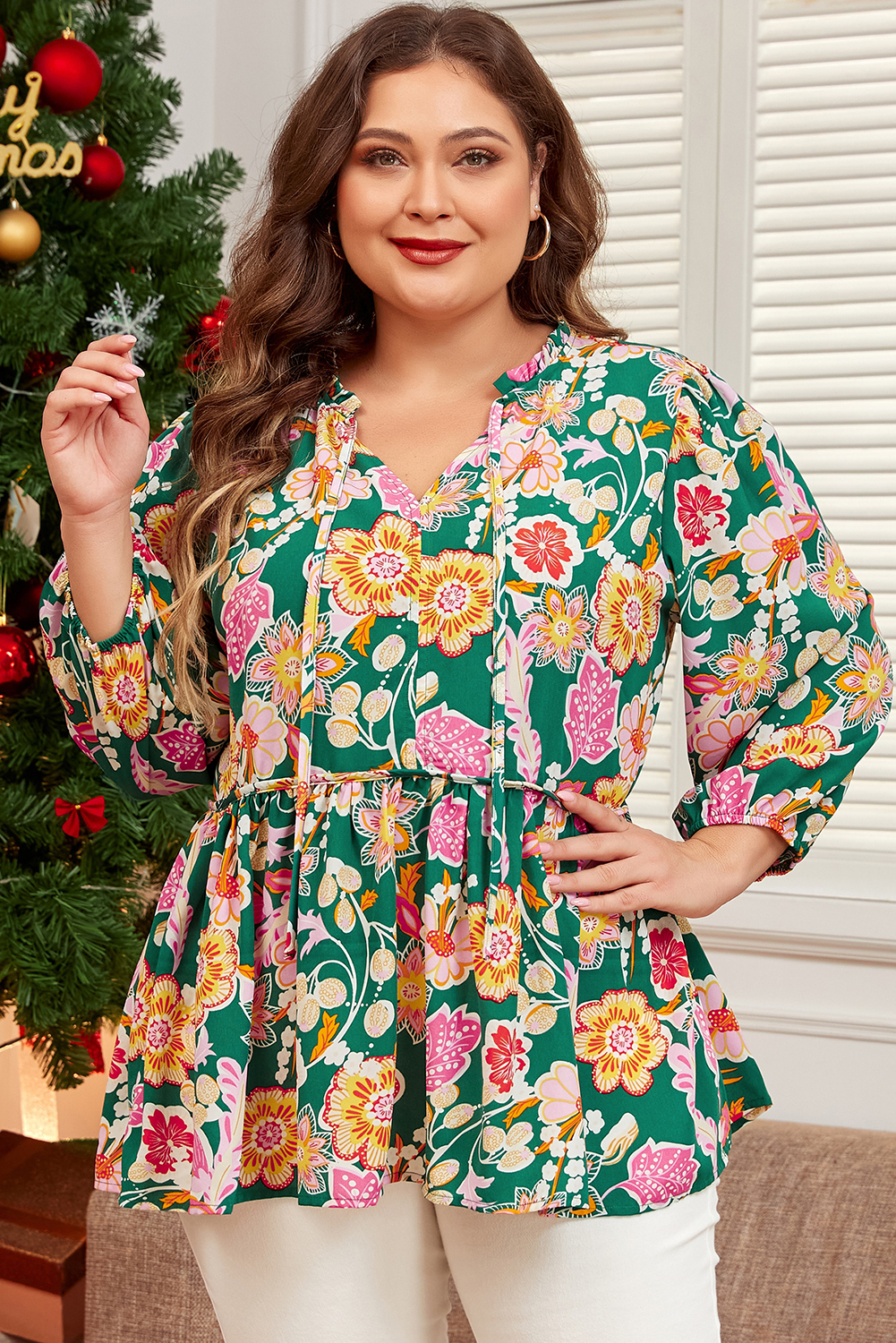 Green Floral Tied V Neck Long Sleeve Plus Size Babydoll Top Green Floral Tied V Neck Long Sleeve Plus Size Babydoll Top - Image 3