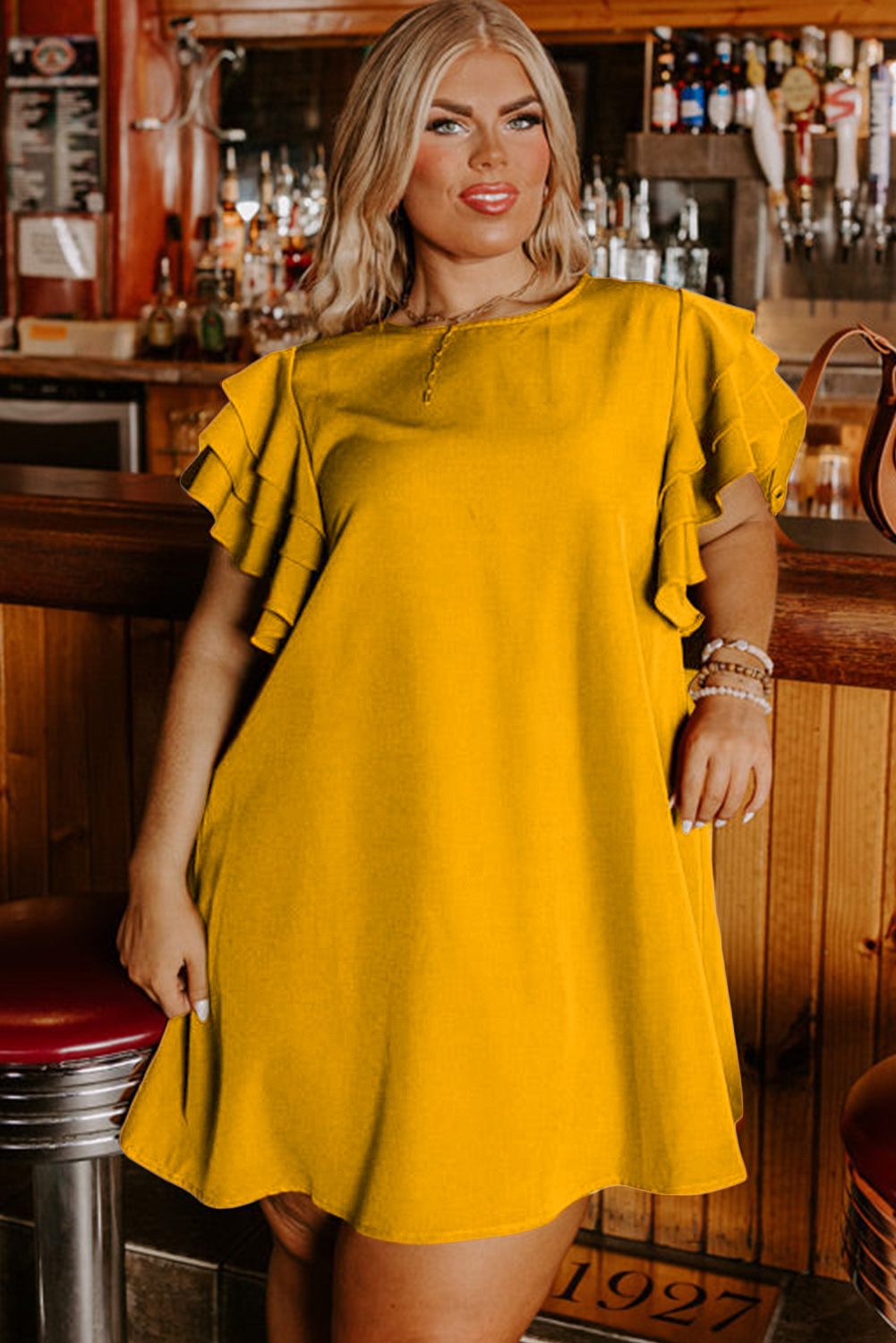 Grapefruit Orange Tiered Ruffled Sleeve Plus Size Mini Dress Grapefruit Orange Tiered Ruffled Sleeve Plus Size Mini Dress - Image 6