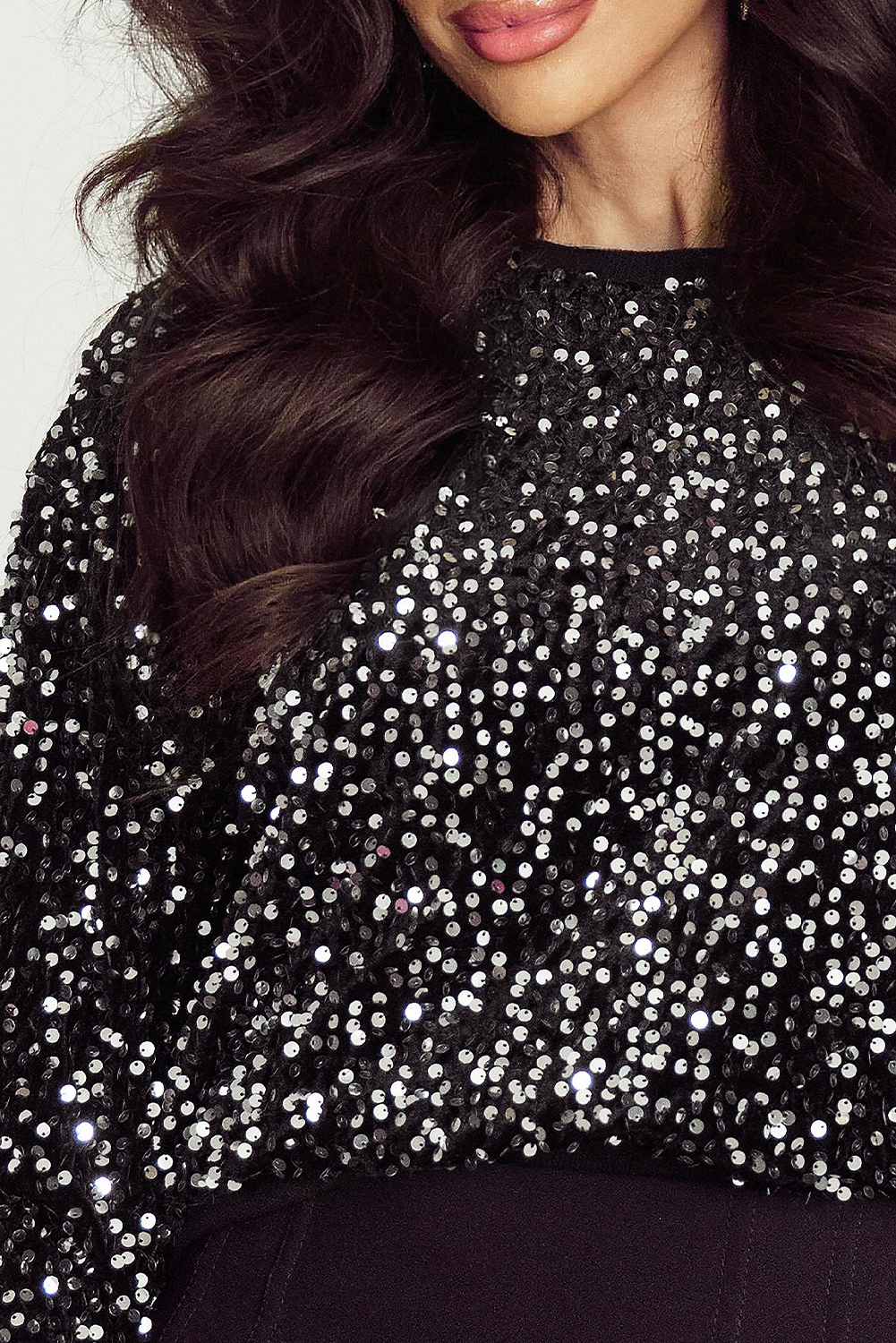 Black Sequined Long Sleeve Crew Neck Cropped Blouse Black Sequined Long Sleeve Crew Neck Cropped Blouse - Image 6
