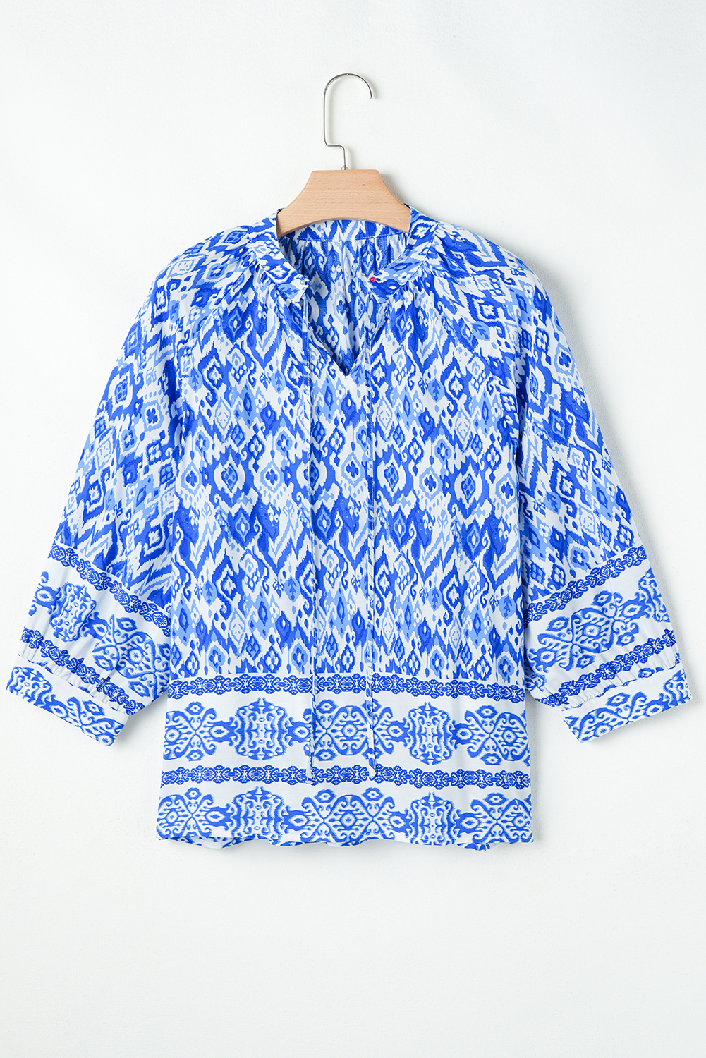 Blue Boho Printed 3/4 Sleeve Tied Neck Blouse Blue Boho Printed 3/4 Sleeve Tied Neck Blouse - Image 4