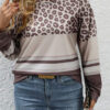 Coffee Plus Size Leopard Striped Long Sleeve Crew Neck Top