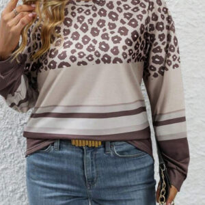 Coffee Plus Size Leopard Striped Long Sleeve Crew Neck Top