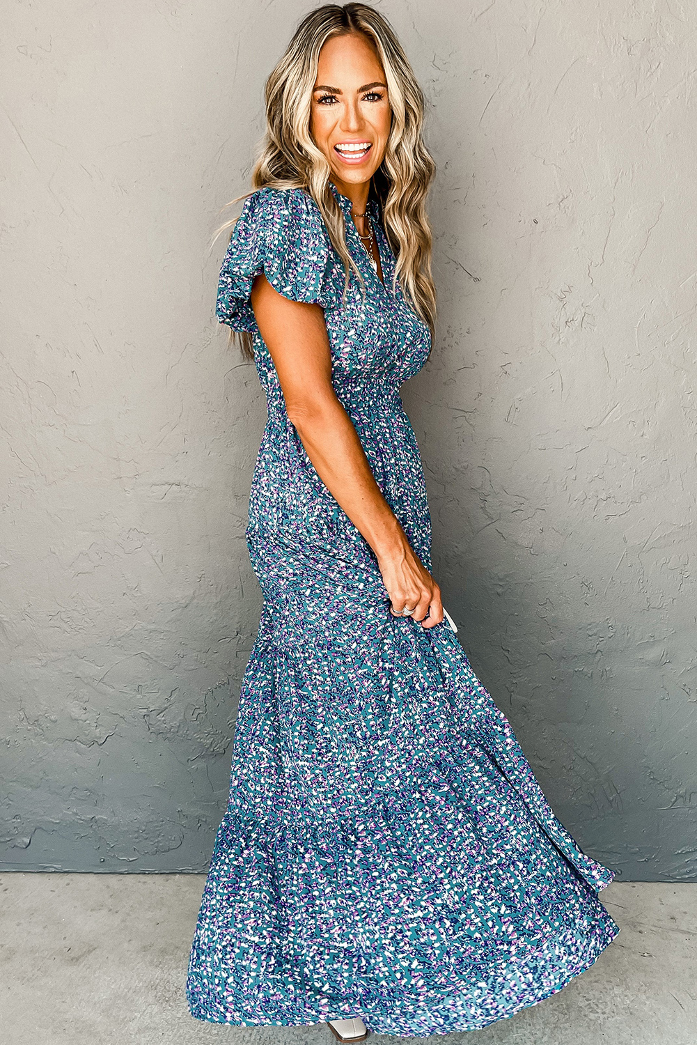 Blue Printed V Neck Shirred Short Puff Sleeve Maxi Dress Blue Printed V Neck Shirred Short Puff Sleeve Maxi Dress - Image 3