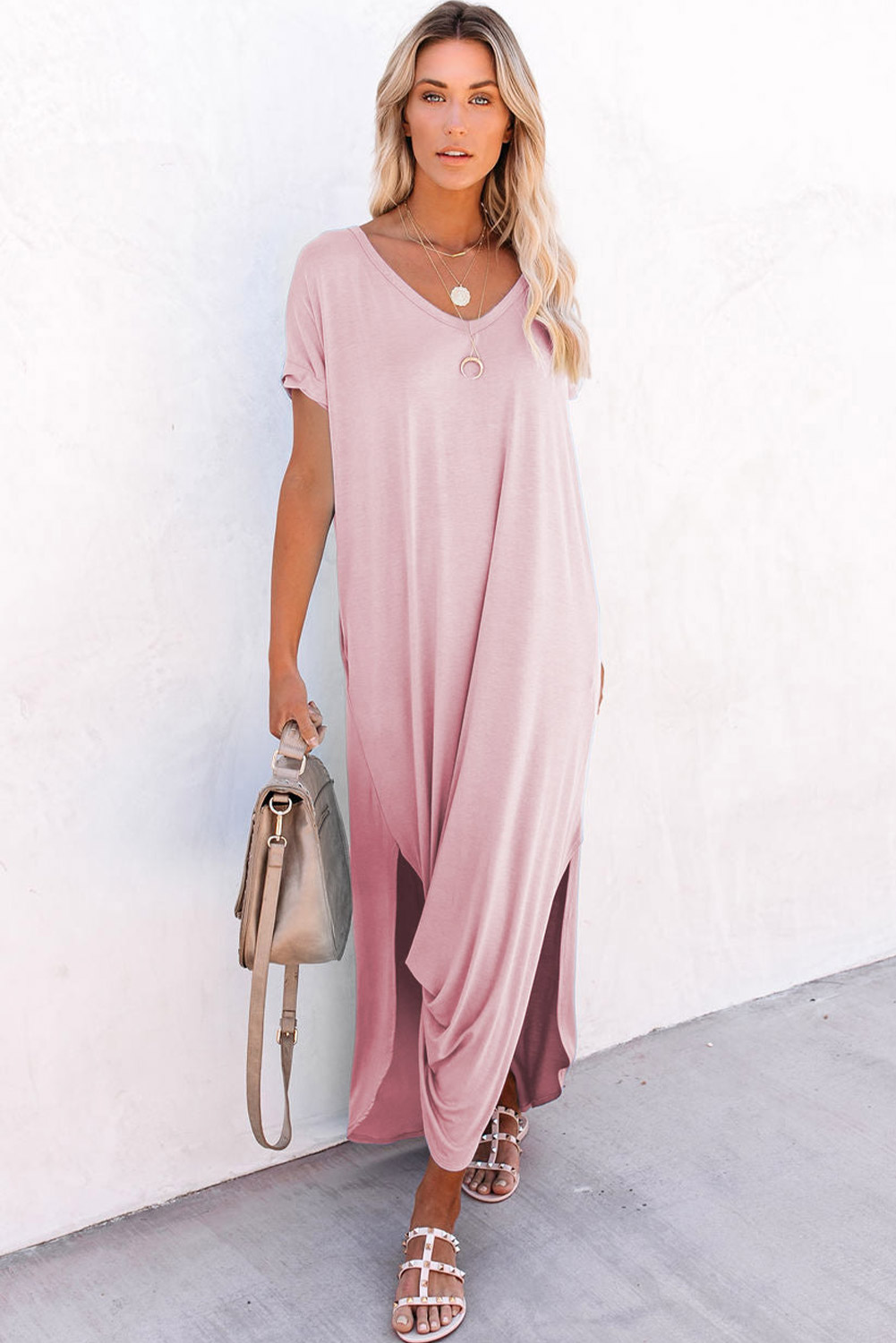 Pink V Neck Hidden Pocket Splits Maxi T-shirt Dress Pink V Neck Hidden Pocket Splits Maxi T-shirt Dress - Image 3