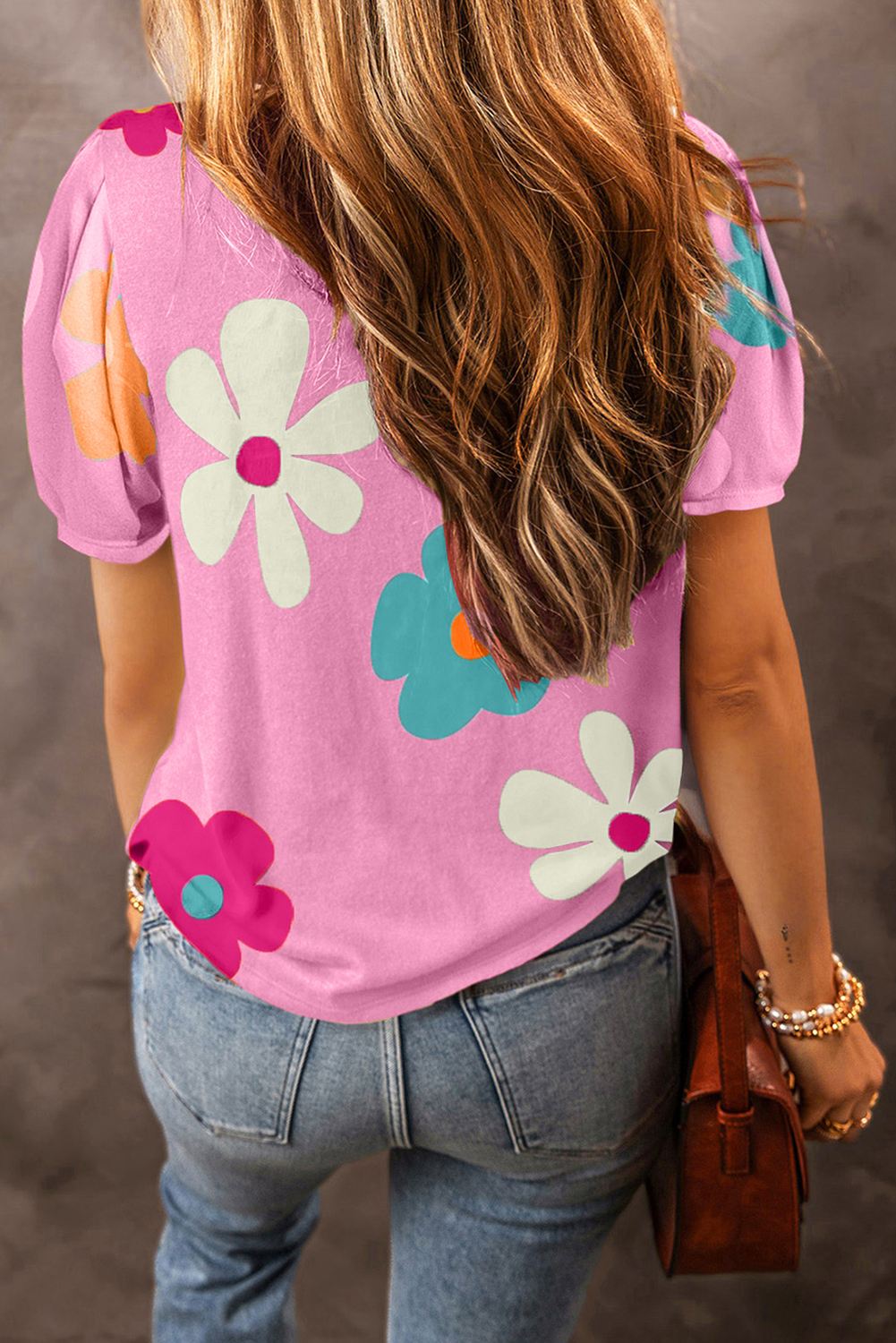 Pink Flower Print Bubble Sleeve Tee Pink Flower Print Bubble Sleeve Tee - Image 2