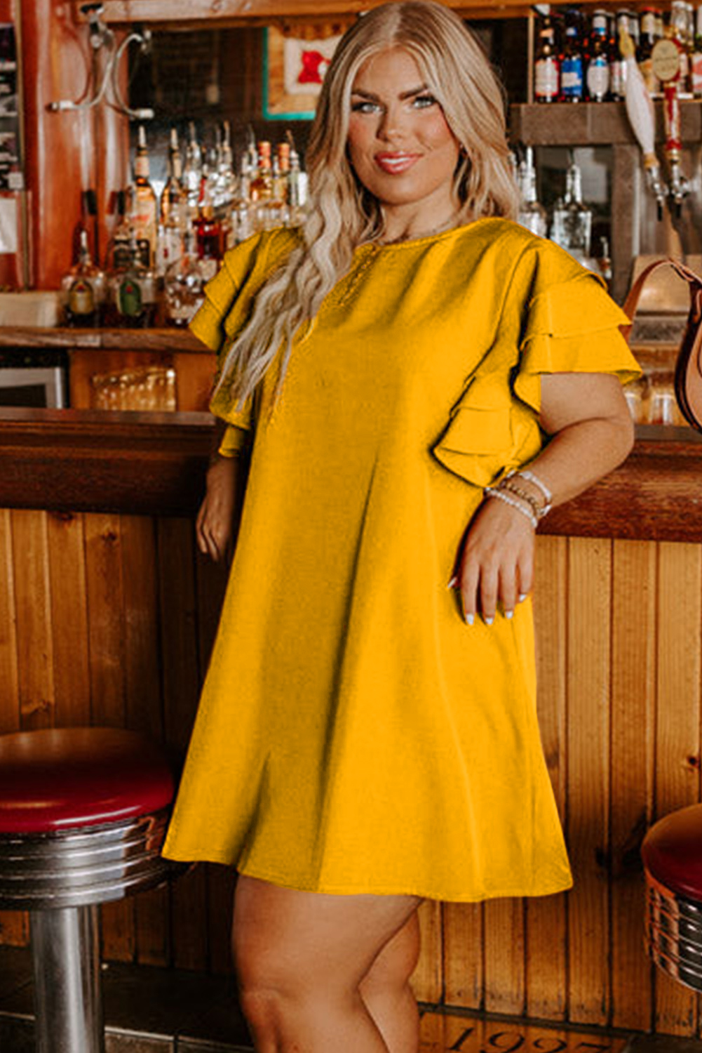 Grapefruit Orange Tiered Ruffled Sleeve Plus Size Mini Dress Grapefruit Orange Tiered Ruffled Sleeve Plus Size Mini Dress - Image 3