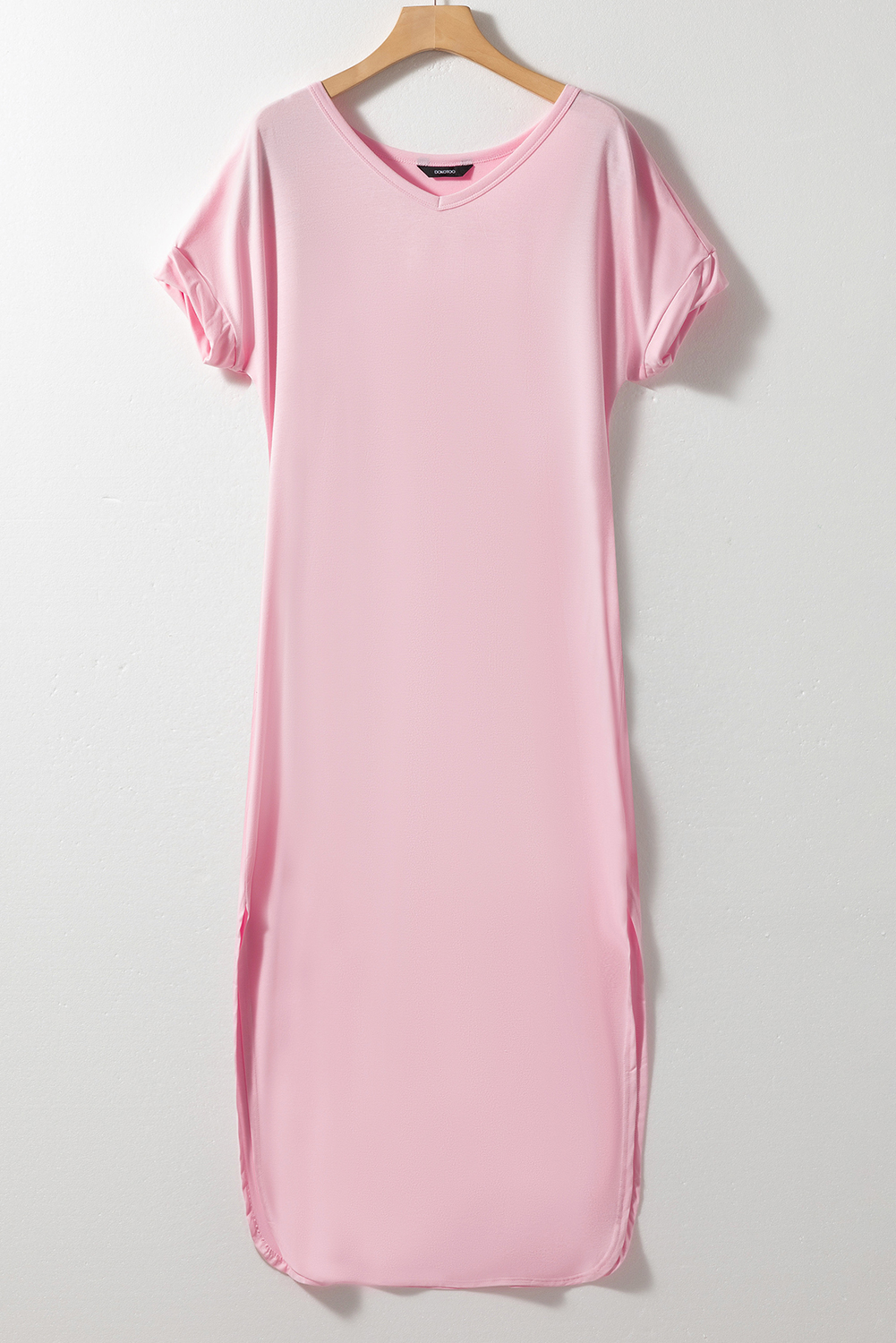 Pink V Neck Hidden Pocket Splits Maxi T-shirt Dress Pink V Neck Hidden Pocket Splits Maxi T-shirt Dress - Image 4