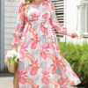 Pink Plus Size Floral Print Smocked Puff Sleeve Dress