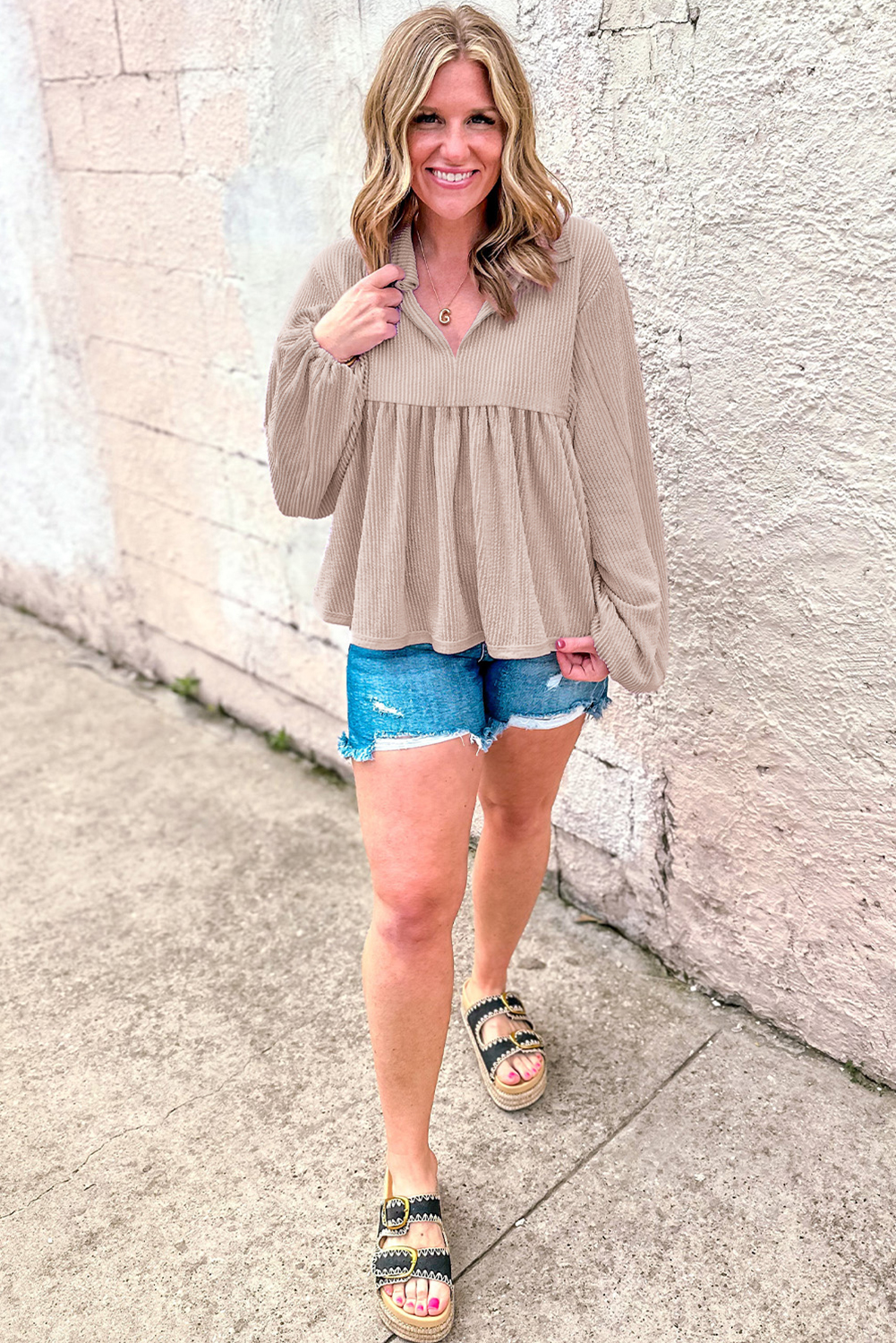 Parchment Corded Turn-down V Neck Bubble Sleeve Babydoll Blouse Parchment Corded Turn-down V Neck Bubble Sleeve Babydoll Blouse - Image 4