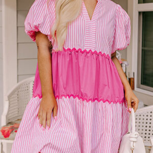 Pink Ricrac Block Accent Puff Short Sleeve Flowy Plus Dress