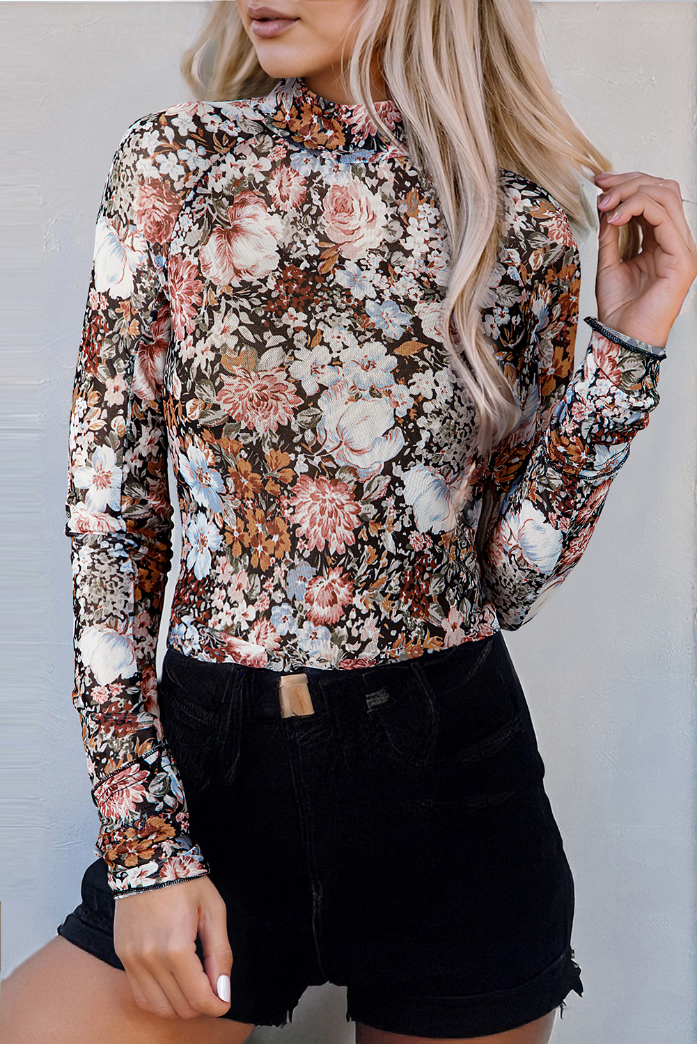 Brown Floral Long Sleeve High Neck Sheath Mesh Blouse Brown Floral Long Sleeve High Neck Sheath Mesh Blouse - Image 4
