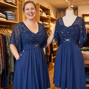 Plus Size - Plus Size - Elegant Plus-Size Dress with Star Print, Buckle Buttons, Pocket Pleats, And Butterfly Sleeves in Western Fashion