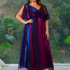 Plus Size - Plus Size - Plus Size Women'S V-Neck Split Ruffled Sleeve Gradient Mesh Evening Dress, Party Dress