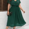 Plus Size - Plus Size - Elegant And Fashionable Solid Color Chiffon Short-Sleeve Dress with Rhinestones for Women, Suitable for Cross-Border Styles
