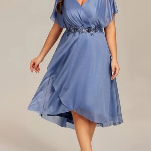 Plus Size -Short Sleeve Asymmetrical Hem V-Neck Appliqué Dress
