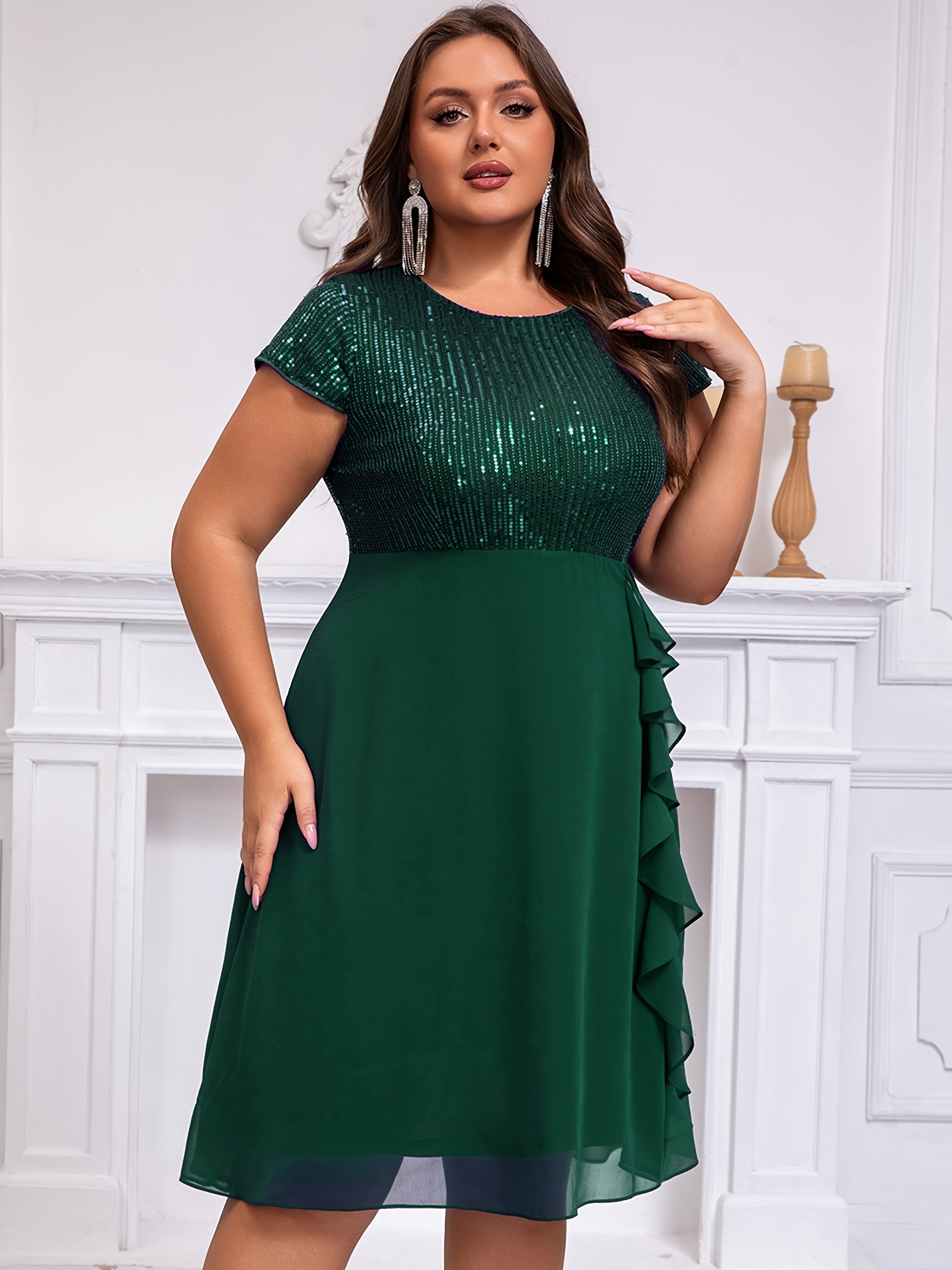 Plus Size – Chiffon Dress with Sequin Patchwork Plus Size - Chiffon Dress with Sequin Patchwork - Image 6