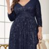 Plus Size, Sequined Women's Elegant V-Neck Long Sleeve A-Line Formal Evening Gown
