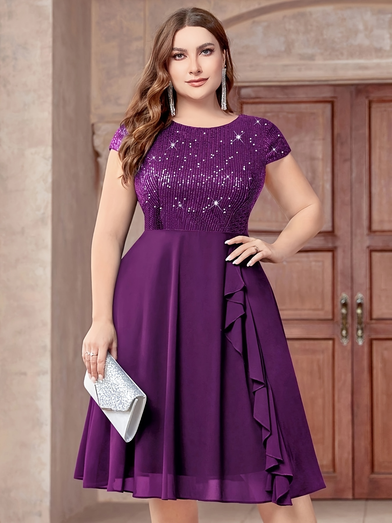 Plus Size – Chiffon Dress with Sequin Patchwork Plus Size - Chiffon Dress with Sequin Patchwork - Image 4