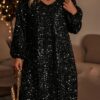 Plus Size - Bubble Sleeve V Neck Sequin Dress
