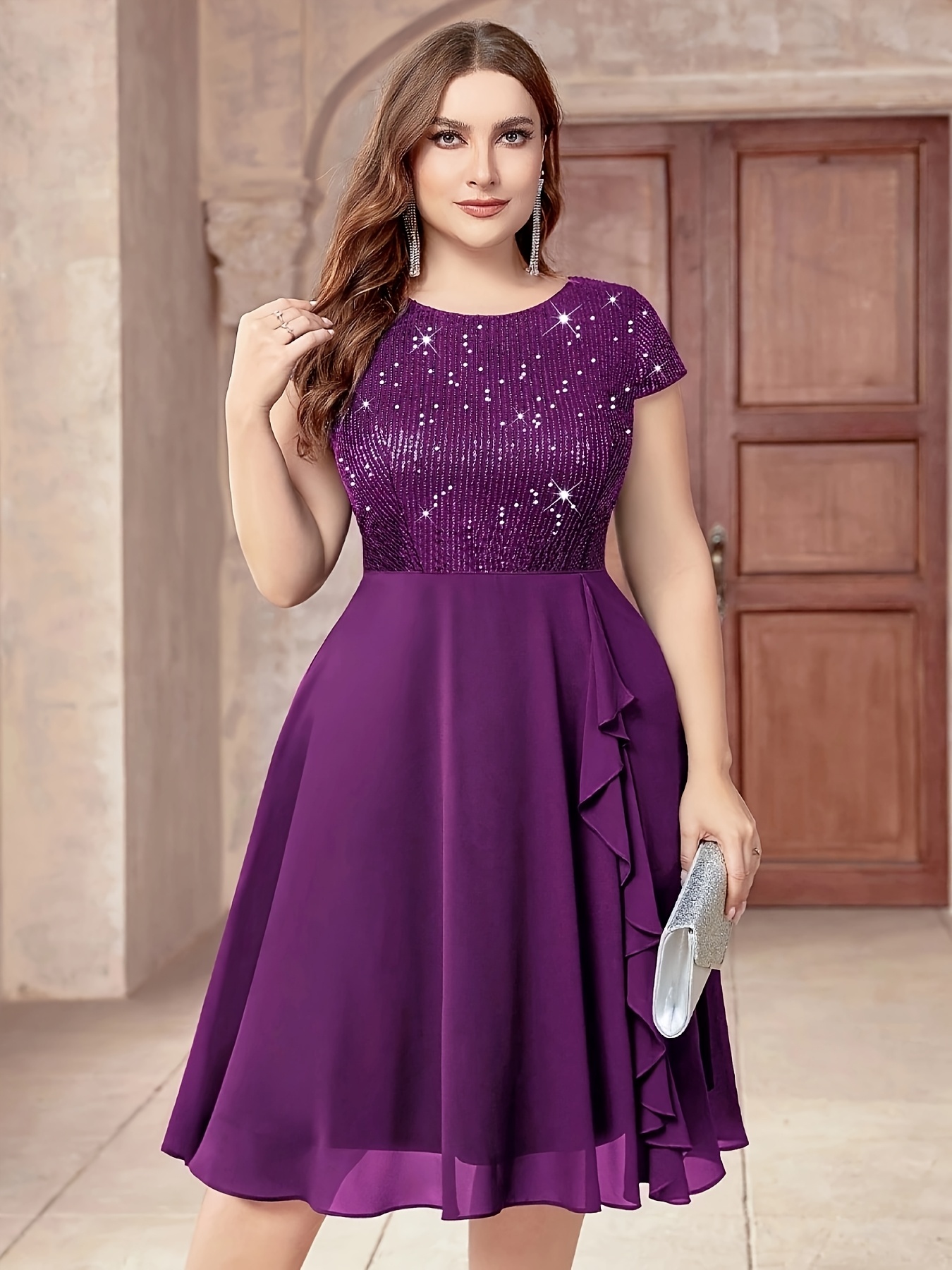 Plus Size – Chiffon Dress with Sequin Patchwork Plus Size - Chiffon Dress with Sequin Patchwork - Image 8