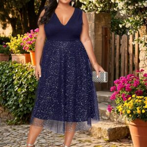 Plus Size - Plus Size - A Stylish And Chic Women'S Fitted MIDI Dress with a Shimmering Hem, Perfect for Holidays And Celebrations